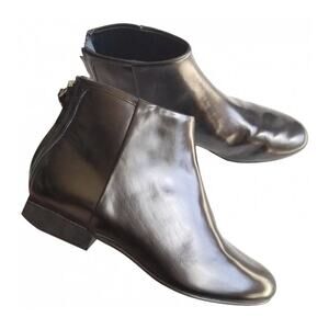 THEORY Black Miriam Patent Leather Ankle Boot Zipper Short Elastic Booties 7.5